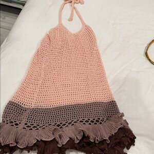 Halterneck Crochet Mini Dress - Pink and Brown